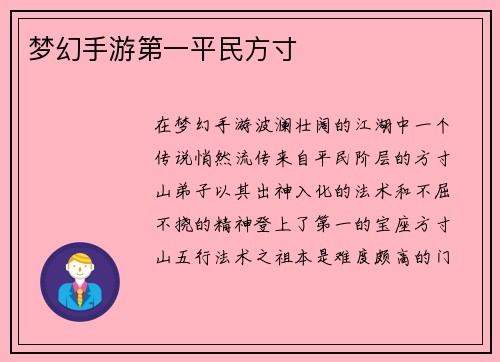 梦幻手游第一平民方寸