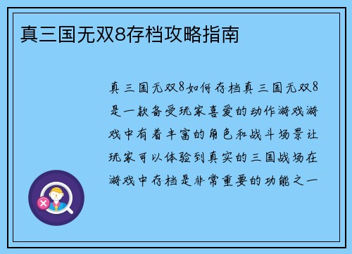 真三国无双8存档攻略指南