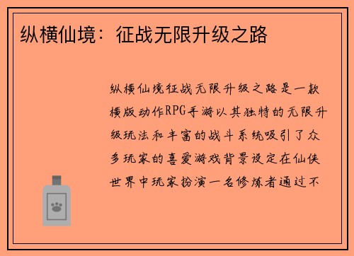 纵横仙境：征战无限升级之路